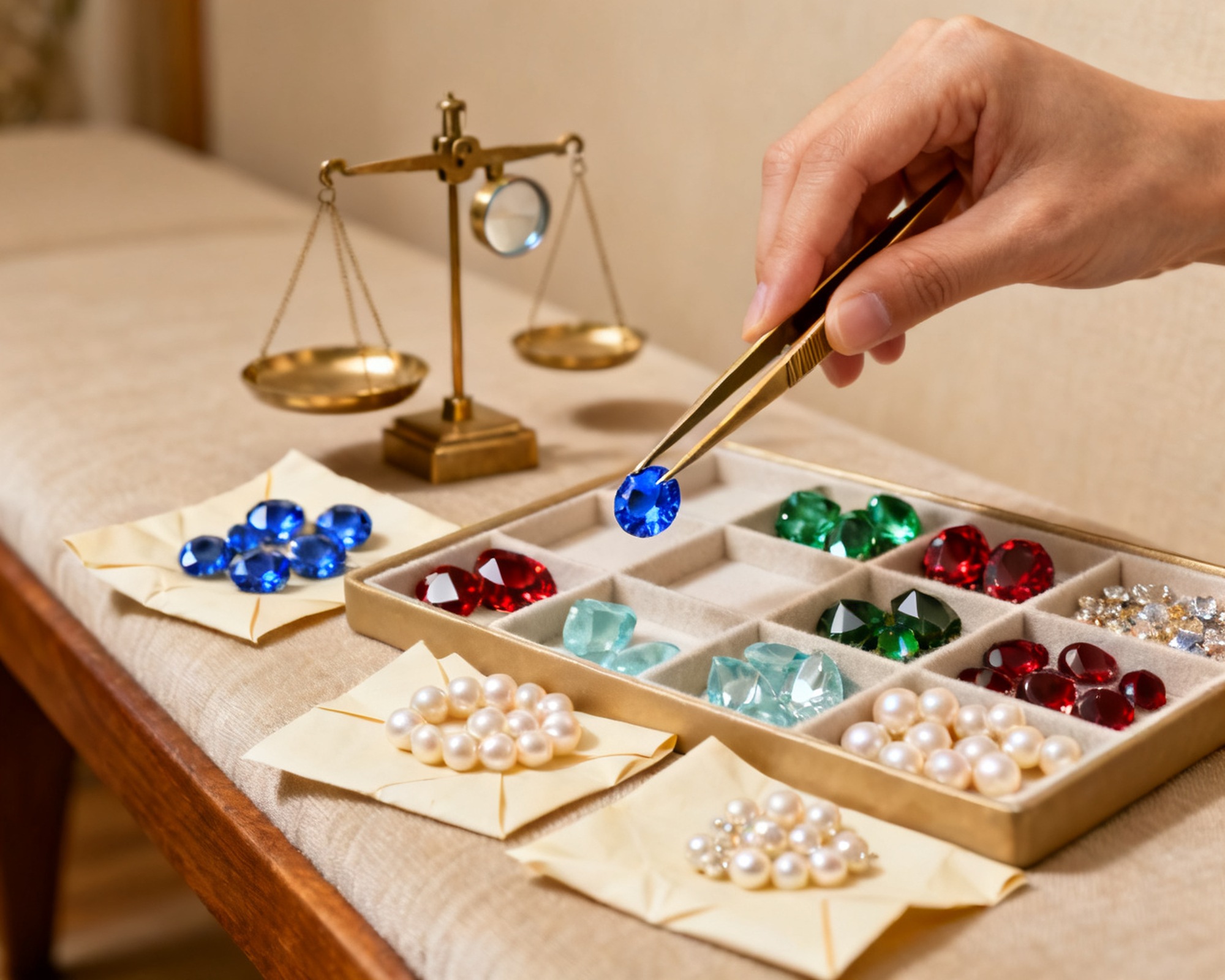 Loose sapphires, rubies, emeralds and pearls sorted at the gemmologist's bench